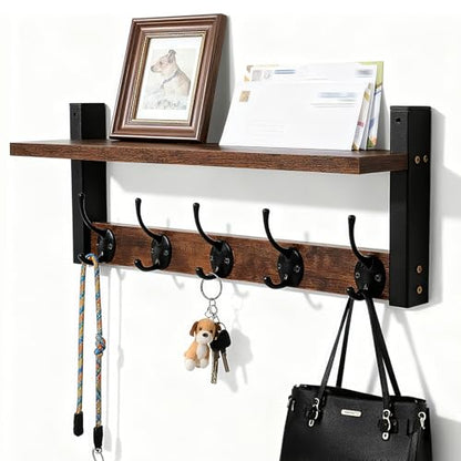 Wall Mounted Coat Hook with Shelf, 17 Inch | Entryway Key Holder, Mail Organizer, For Living Room Bedroom Kitchen Laundry Room