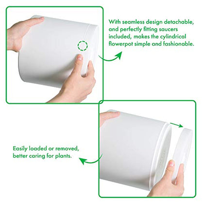 D'vine Dev 3-Pack Plastic Pots & Saucers, 6.5/8/10 in, White, 74-V-A-4 | Multi-Size Options, Lightweight Durable, Matte Finish, Cylinder Shape, Drainage Holes, Sleek Design, Detachable Saucer - color: Matte White, size: Large