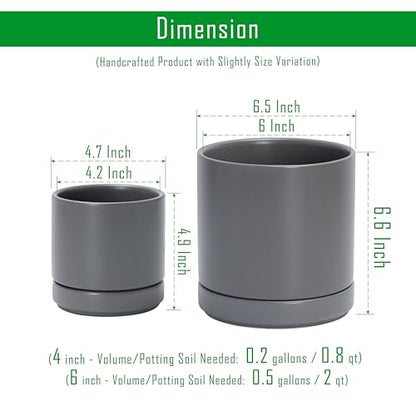 D'vine Dev 2-Pack Ceramic Pots with Saucers, Grey, 4/6 in, 94-G-S-3 | Glazed Ceramic, Drainage Hole, Perfect-Fit Saucer, Sleek Cylinder Shape, High Temperature Fired, Elegant Home Accent - color: Gray, size: Small