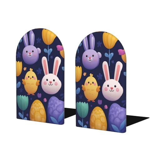 Cartoon Easter Bunnies Chicks Floral Wooden Bookends for Shelves Decorative Book Ends Universal Book Organizer Holder for Office, Heavy Books, Vinyl Records - color: Cartoon Easter Bunnies Chicks Floral