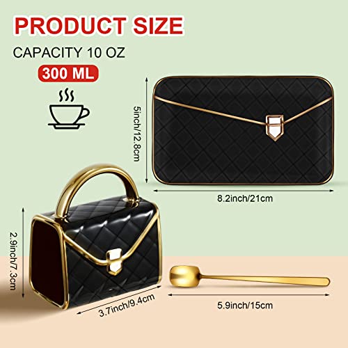 Zubebe 1 Set Coffee Mug Elegant Handbag Shaped Cup Modern Ceramic Purse Mug with Spoon and Saucer, 10oz Cute Creative Tea Cup for Woman Girls Gift (Black) - color: Black