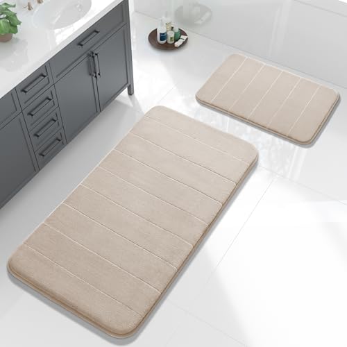 Yimobra Large Bath Mat Set 2 Piece- Super Soft Absorbent Quick Dry Memory Foam Bathroom Rugs, Machine Washable Non Slip Floor Carpet for Tub Shower & Double Vanity (17x24 & 44x24, Beige) - color: Beige, size: 44x24+24x17 Inch