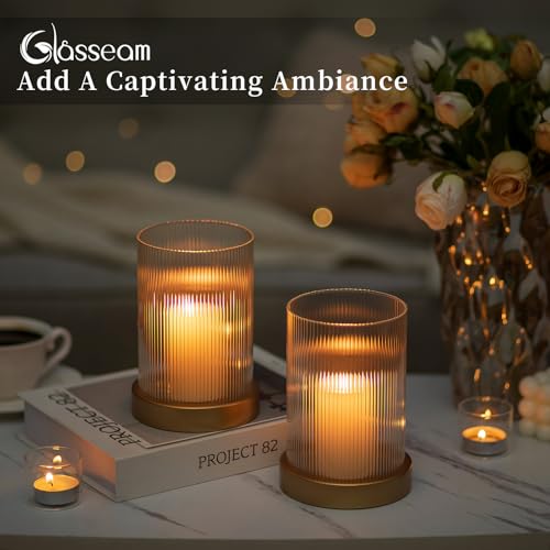 Glasseam Hurricane Glass Candle Holder: Gold Pillar Candle Holders Set of 2 Ribbed Glass Cylinder Covers with Metal Candle Tray Modern Candle Holders for Table Centerpiece Living Room Decorations | 3.94''x5.71'' Ribbed Open-End Sleeve, Fit 4'' Pillar Cand