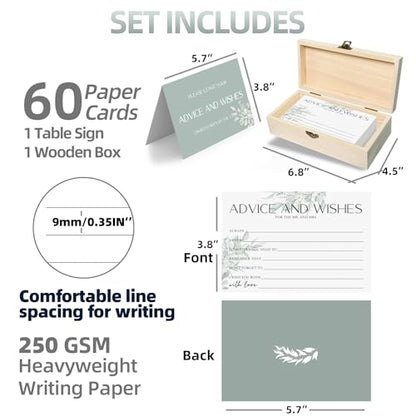 Advice & Wishes Cards Set - 60 Blank Cards with Keepsake Wooden Box, Sage Green Daesign - Perfect for Weddings, Anniversaries - color: LUCKY EUCALYPTUS