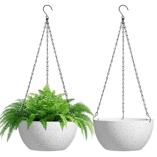 T4U Hanging Planters for Indoor Outdoor Plants, 10 Inch Gray 2 Pack | Self-watering flower pots with drainage and chains for vines, ivy, fern and petunia; indoor, porch, patio or garden decor - color: White, size: 10 In