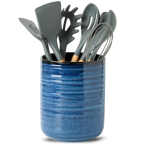HASENSE Ceramic Kitchen Utensil Holder, 7.4" x 6.2" Large Countertop Utensil Crock, Stable Cooking Utensil Organizer for Spatulas, Spoons, Whisks & Tools, Modern Blue Kitchen Decor - color: Navy Blue(1 pcs)