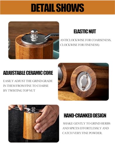 Acacia Wood Salt and Pepper Grinder Mills Sets,Wooden Shakers with Adjustable Ceramic Core,Classic Manual Salt Grinder Refillable Pepper Mill Set with a Gear Crank System for kitchen Spice