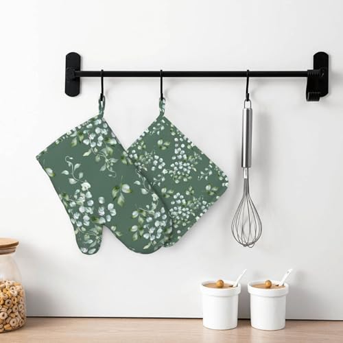 Sage Green Eucalyptus Oven Mitts and Pot Holders Sets for Kitchen Silicone Watercolor Leaves Branches and Holly Leaves Oven Gloves Oven Mitts with 2 Non-Slip Pads Kitchen Gloves for Cooking - color: Sage Green