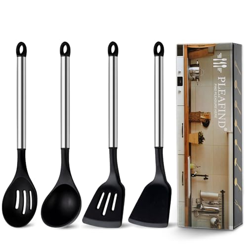 Pleafind 4-Pcs Silicone Cooking Utensils Set, Wok Utensils Set Include Wok Ladle, Slotted Spoon, Solid Spatula and Slotted Spatula, Silicone and Stainless Steel Kitchen Utensils, Dishwasher Safe - color: 4P-Black