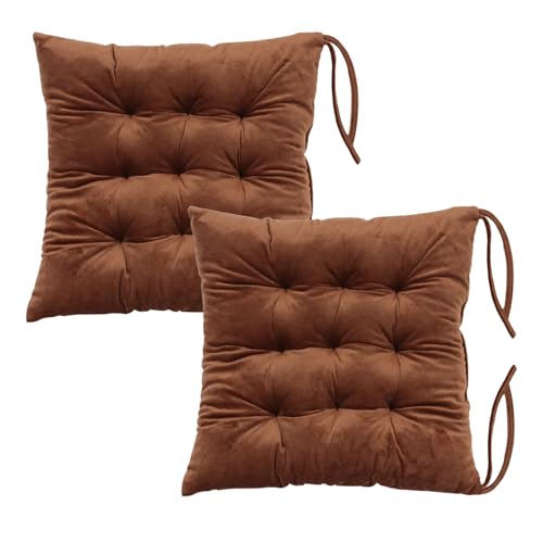 2 Pack Square Seat Cushion Chair Pads for Kitchen Dining Chairs, Soft Comfort Velvet Chair Mat Pillow Cushions with Ties for Office Desk Living Room Tatami 15.5", Coffee - color: Coffee, size: 2Pack