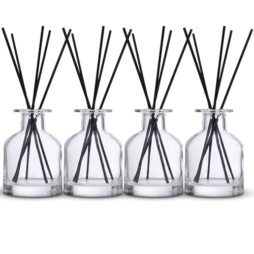 4 Pack Perfume Reed Diffuser Bottle,Empty Big Belly Aromatherapy Essential Oil Bottles Glass Jar with Black Sticks for DIY Fragrance Replacement Diffuser Sets (150ml/ 5 oz, Transparent Color) - color: Transparent( 5 Oz )