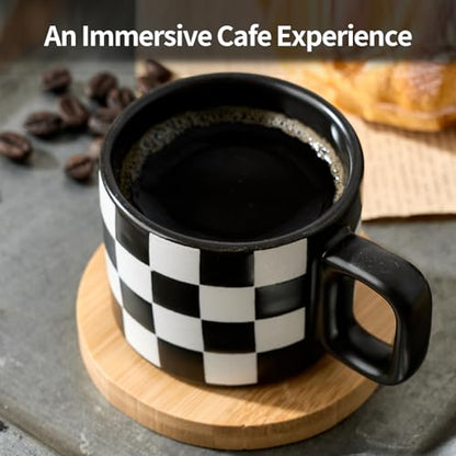 LUKA Porcelain Stackable Black and White Checkered Espresso Cups with Saucers and Metal Stand, 4 Ounce Small Ceramic Demitasse Cups Set for Coffee Drinks, Latte, Tea - Set of 4, Black Interior - color: 4BKG-Black & White