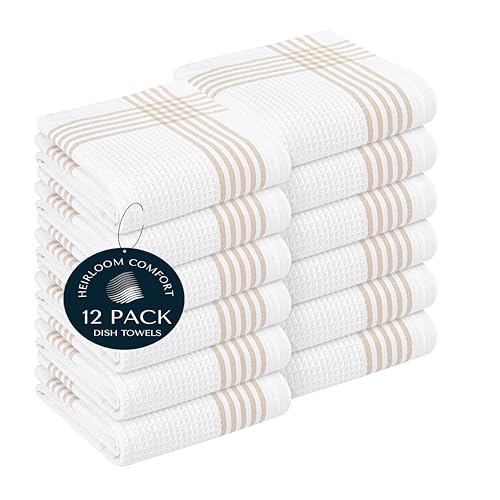 Beige and White Waffle Kitchen Towels 12 Pack, 100% Cotton, 16x26 Inch, Ultra Absorbent, Fast Dry Dish Towels, Reusable Dishcloths for Drying, Cleaning, Kitchen Use - color: Beige, White, style: 12 Pack