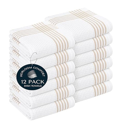 Beige and White Waffle Kitchen Towels 12 Pack, 100% Cotton, 16x26 Inch, Ultra Absorbent, Fast Dry Dish Towels, Reusable Dishcloths for Drying, Cleaning, Kitchen Use - color: Beige, White, style: 12 Pack