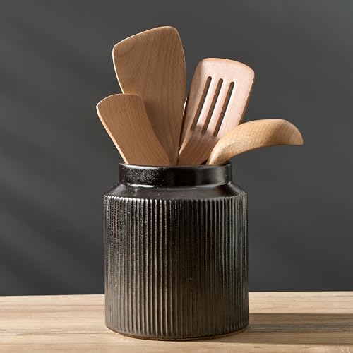 JIEMEI HOME Kitchen Utensil Holder, 6.77" Ceramic Farmhouse Stable Utensil Crock for Countertop, Vintage Style Cooking Tool Organizer with Cork Mat, Spatula Holder For Kitchen Decor, Black - color: Black