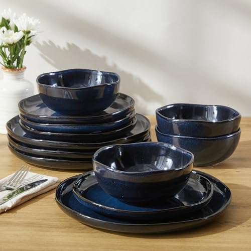 Ceramic Dinnerware Sets for 4, 12pcs Plates and Bowls Sets Dish Set | Stoneware Dishware sets, Microwave & Dishwasher Safe, Cereal Bowls and Dinner Plates Set, Stackable Dishes Set, Starry Blue - color: Starry Blue, size: Set (12pcs)