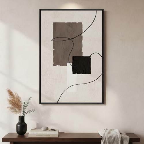 Framed Black and White Neutral Abstract Wall Art, Modern Canvas Prints Paintings Artwork for Walls, Minimalist Beige Brown Block Pictures for Living Room Bedroom Dining Entryway Wall Decor 24x36 In - color: Black Brown White Block