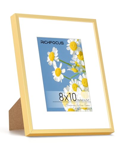 RICHFOCUS 8x10 Picture Frame with Mat for 5x7 |8 x 10 Modern Photo Frame Gold|8 by 10 Metal Aluminum Frames with Stand for Tabletop or Wall Hanging|Hardwares Included, Set of 1 - color: Gold, size: 8x10-1P-Plexiglass