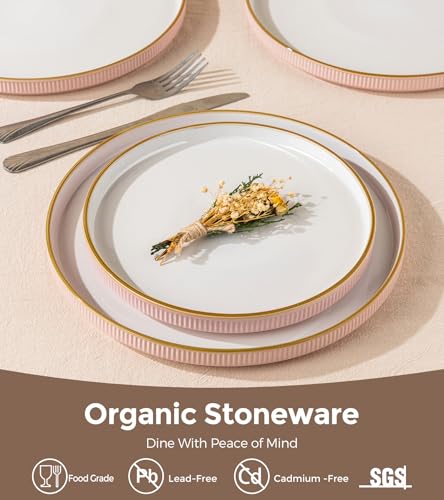 GBHOME Stoneware Dinnerware Sets for 4, 12 Pieces Plates and Bowls Set | Lightweight Ceramic Ribbed Dishes, Reactive Glaze Stackable Plate Set, Scratch Resistant, Microwave & Dishwasher Safe, Pink - color: Pink