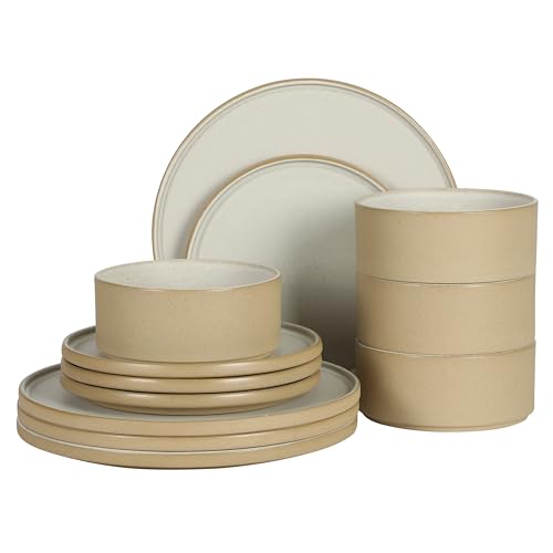 Gibson Elite Villa Amadora - Made in Portugal - 12 Piece Dinnerware Set for 4, Two Tone Tan and White Speckled Stoneware Plates and Bowls Sets, Dish Set with Dinner Plates Salad Plates & Cereal Bowls - color: Tan/White (Valle Amadora Dinnerware)
