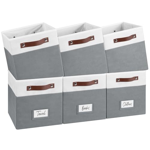 FinishingBo 10.5" x 11" Storage Bins with Labels 6 Pack | PU Leather Handles, Foldable Storage Cubes, Storage Baskets, Closet Storage, White/Dark Grey - color: White/Dark Grey, size: 10.5 x 10.5 x 11 inch