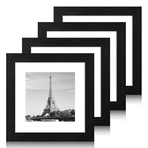 iRahmen 8x8 Picture Frames Set of 4 with High Definition Real Glass, Black Frames Display 6x6 Picture with Mat or 8x8 Without Mat, Wood Square 8 x 8 Photo Frame for Wall Mount and Tabletop Display - color: Black Woodgrain, size: 8X8