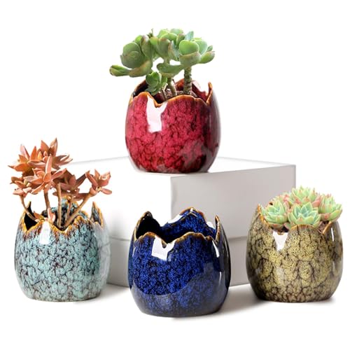YYW Succulent Pots, 4 Pack Ceramic Planters with Drainage Hole, Garden Pots | Cute Stylish Plant Pots, Home Office Decor, Dragon Egg Design Flower Pots for Indoor Plants - color: Dragon Egg Broken