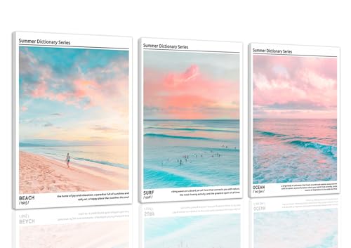 HNNXAR Pastel Coastal Canvas Wall Art Set Of 3 Colorful Beach Surf Poster Picture Prints Modern Preppy Aesthetic Ocean Painting College Room Decor For Dorm Apartment Girl Room Bedroom 12x16 Framed - color: Colorful Beach, size: 12"x16" Wrapped Canvas
