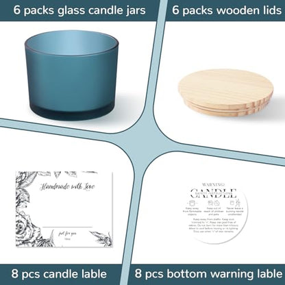 6 Pack Glass Candle Jars with Lids (16oz, Frosted Lake Blue) - Large Candle Jars for 3 Wick Candles Making - Empty Candle Jars Containers - Candle Making Accessories include 16Pcs Candle Labels - color: Frosted Lake Blue