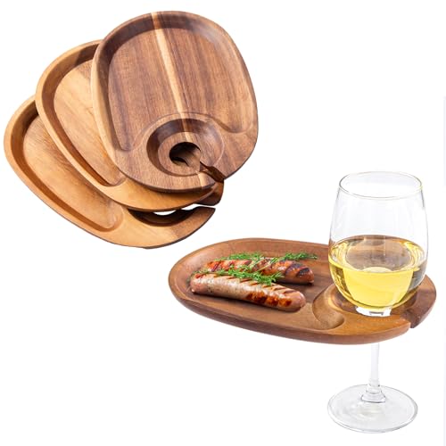 Wine Appetizer Plates, Acacia Mini Cheese Boards with Built-in Glass Holder, Wood Individual Cocktail Charcuterie Plates, Serving Platters Boards for Gatherings, Entertaining, Set of 4 - color: Acacia Wood 4pcs
