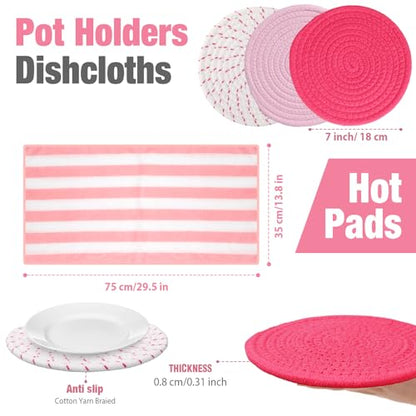 Zubebe Pink Oven Mitts and Pot Holders with Kitchen Towels Set of 7, Valentine's Day Gift for Women Heat Resistant Oven Gloves Kitchen Hand Towels Hot Pads for Cooking Baking(Heart) - style: Heart