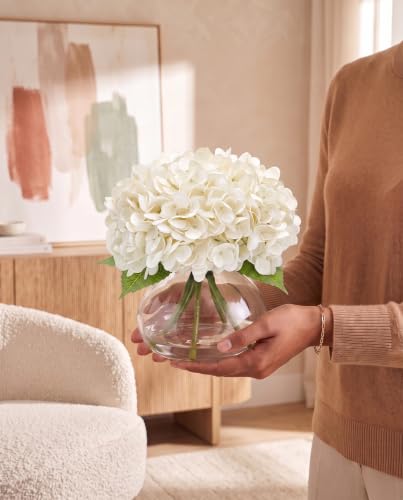 Hydrangea Artificial Flowers with Vase, Real Touch Latex, White | Lifelike Faux Water, Nearly Natural Leaves, Durable & Fade-Resistant, Home Office Table Centerpiece Decor - color: White