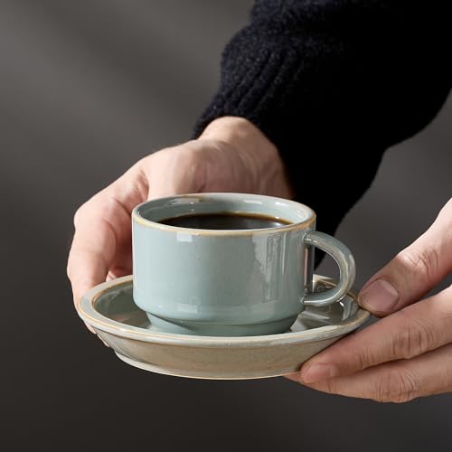 JIEMEI HOME Porcelain Stackable Espresso Cups with Saucers and Metal Stand, 4 Ounce Demitasse Cups for Latte, Cafe Mocha, Tea - Set of 6, Reactive Glaze, Wild Sage Earth Speckle - color: Wild Sage Earth Speckle