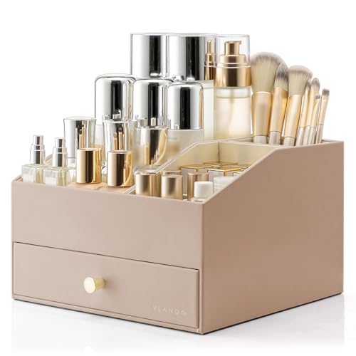 VLANDO Makeup Organizer,Vanity Organizer with Drawers, PU Leather Skincare Organizer Perfume Organizer,Large Cosmetic Display Case for Lipstick,Brushes Gifts for Women-Toffee - color: Toffee, size: 2 Layer