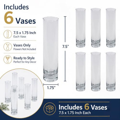 Koyal Wholesale Bud Vases, 7.5 Inch Clear Glass Cylinder, Set of 6