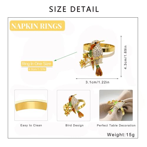 Hummingbird Napkin Rings Set of 6 Sparkly Rhinestone Bird Napkin Holder for Spring Party Garden Wedding Baby Shower Decor,Lively Dining Table Setting for Holiday Gathering & Family Dinner - style: Yellow