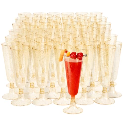 MATANA 100 Premium Plastic Champagne Flutes, Gold Glitter 5oz - Reusable Champagne and Cocktail Glasses for Mimosa, Dessert, Wine - Toasting Glasses for Parties, Weddings - color: Gold Glitter, size: 100 Pack