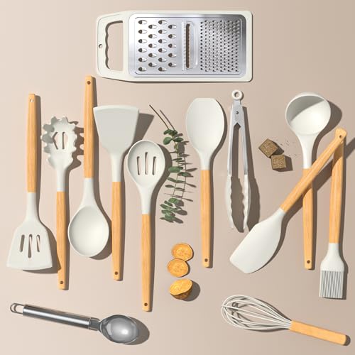 Umite Chef Silicone Kitchen Utensil Set, 34PCS Heat Resistant Kitchen Gadgets and Tools With Grater, Cream White Wood Handles for Nonstick Cookware - color: Cream White
