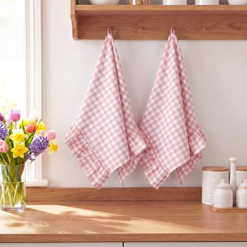 HunnmingRe Light Pink Kitchen Towels Set of 2, 100% Cotton Ruffled Gingham Dish Towels 18"x28" Absorbent Tea Cloths Classic Plaid Pattern for Farmhouse Charm, Drying Dishes, Entertaining Guests - color: Light Pink, style: Gingham