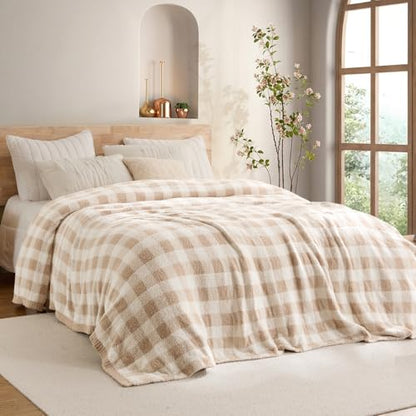 Snuggle Sac Queen Size Checkered Bedding Blanket Beige, Super Soft Warm Cozy Bed Blankets Oversized Fuzzy Plush Blankets for Bed, Bedroom, Plaid Beige, 90x90 inches - color: Plaid Beige, size: Queen(90"x 90")
