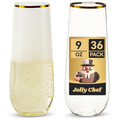 JOLLY CHEF 36 Pack 9 Oz Plastic Champagne Flutes, Gold Stemless Plastic Toasting Glasses| Shatterproof | Heavy Duty | Plastic Disposable Unbreakable Drinkware for Wedding, Party, Thanskgiving - color: Gold