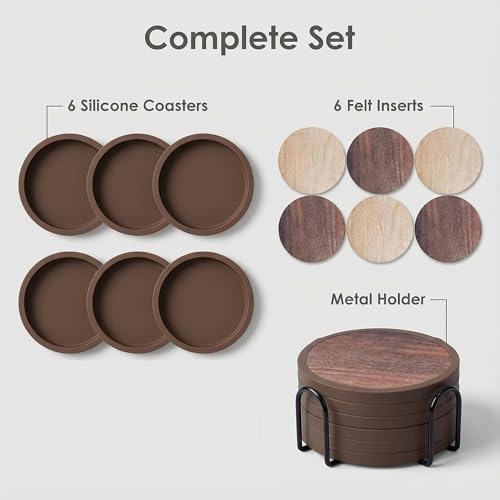 Absorbent Coasters for Drinks with Holder - 6packs, Silicone Coaster with Soft Felt Insert (4.3 inch Coasters with 4.5 inch Holder, Wooden Style) - color: Wooden Style