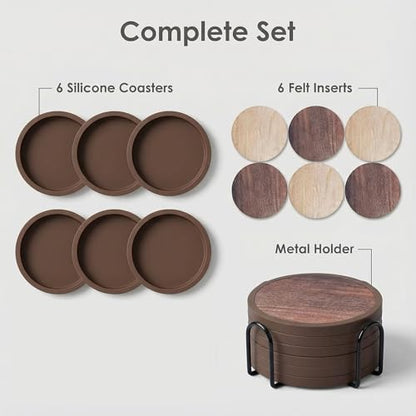 Absorbent Coasters for Drinks with Holder - 6packs, Silicone Coaster with Soft Felt Insert (4.3 inch Coasters with 4.5 inch Holder, Wooden Style) - color: Wooden Style