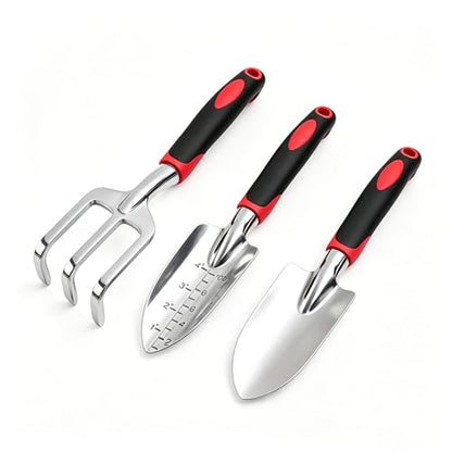 Stainless Steel Garden Tool Set，3 Pieces, Including Hand Shovel & Transplant Shovel & Hand Rake with Non-Slip Soft Ergonomic Handle (red) - color: red