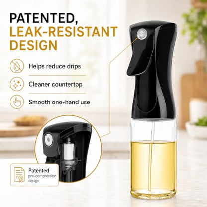Oil Sprayer for Cooking, 240ml Glass Olive Oil Sprayer, Fine Mist Spray Bottle for Air Fryer, Nonstick Frying, Salad, BBQ, Refillable Kitchen Oil Dispenser PS889B (240ml Black Head)