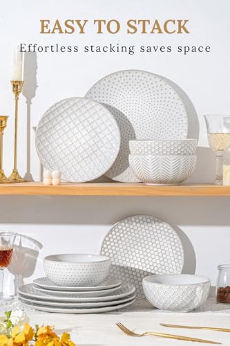 FOBENTA 18 Piece Embossed Dinnerware Sets for 6, Scratch-Resistant Plates and Bowls Sets, Microwave & Dishwasher Safe, Elegant Stoneware for Family Gatherings – A Gift for Growing Households - size: Service for 6 (18pcs)