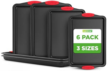 NutriChef Nonstick Baking Pans Set – Premium Cookie Sheets for Baking, Carbon Steel Stackable Baking Trays with Red Silicone Handles, Oven Safe Pans for Cookies, and Cakes, Dishwasher Safe (6 Pack) - size: 6 Pack sorted sizes