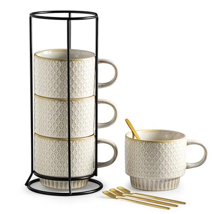 Gomakren Coffee Mugs Set of 4 Ceramic Coffee Cup with Stand, Creamy White | 13oz Stackable, Embossed Grid Mugs, Black Metal Rack, Lead-Free Dishwasher Safe, with Gold Spoons for Home Coffee Bar - color: Creamy White