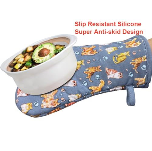 Oven Mitts 1 Pair, Non Slip Clear Silicone Printed Rooster Kitchen Gloves | Heat Resistant 480 ℉ Comfortable Cotton Lining Kitchen Men Cooking Barbecue Machine Washable (Cat, Grey mitts) - color: Cat, Blue Mitts