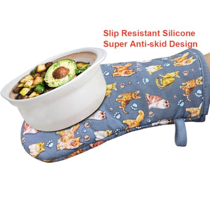 Oven Mitts 1 Pair, Non Slip Clear Silicone Printed Rooster Kitchen Gloves | Heat Resistant 480 ℉ Comfortable Cotton Lining Kitchen Men Cooking Barbecue Machine Washable (Cat, Grey mitts) - color: Cat, Blue Mitts
